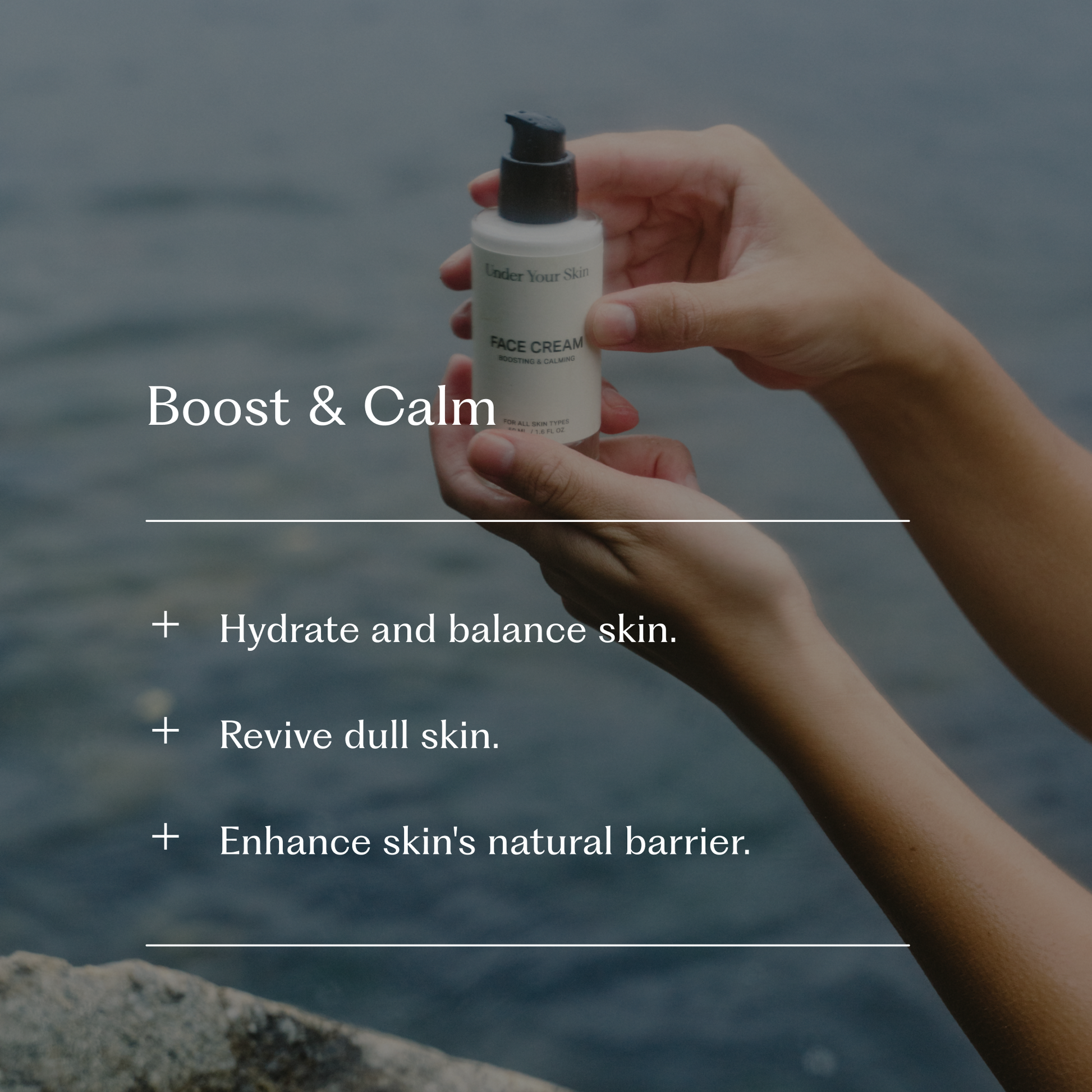 Produktbild med texten 'Boost och Calm' och en lista över fördelar.