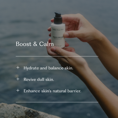 Produktbild med texten 'Boost och Calm' och en lista över fördelar.