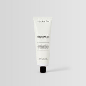Under Your Skin 2 in 1 Peeling Mask in a 50ml white aluminum tube. Gently exfoliates and hydrates using sea sand.
